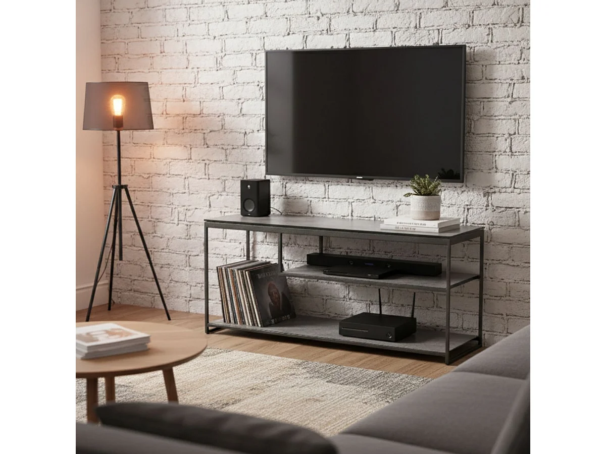 Meuble TV en acier laqué anthracite avec plateaux en verre finition aspect céramique - STRATE