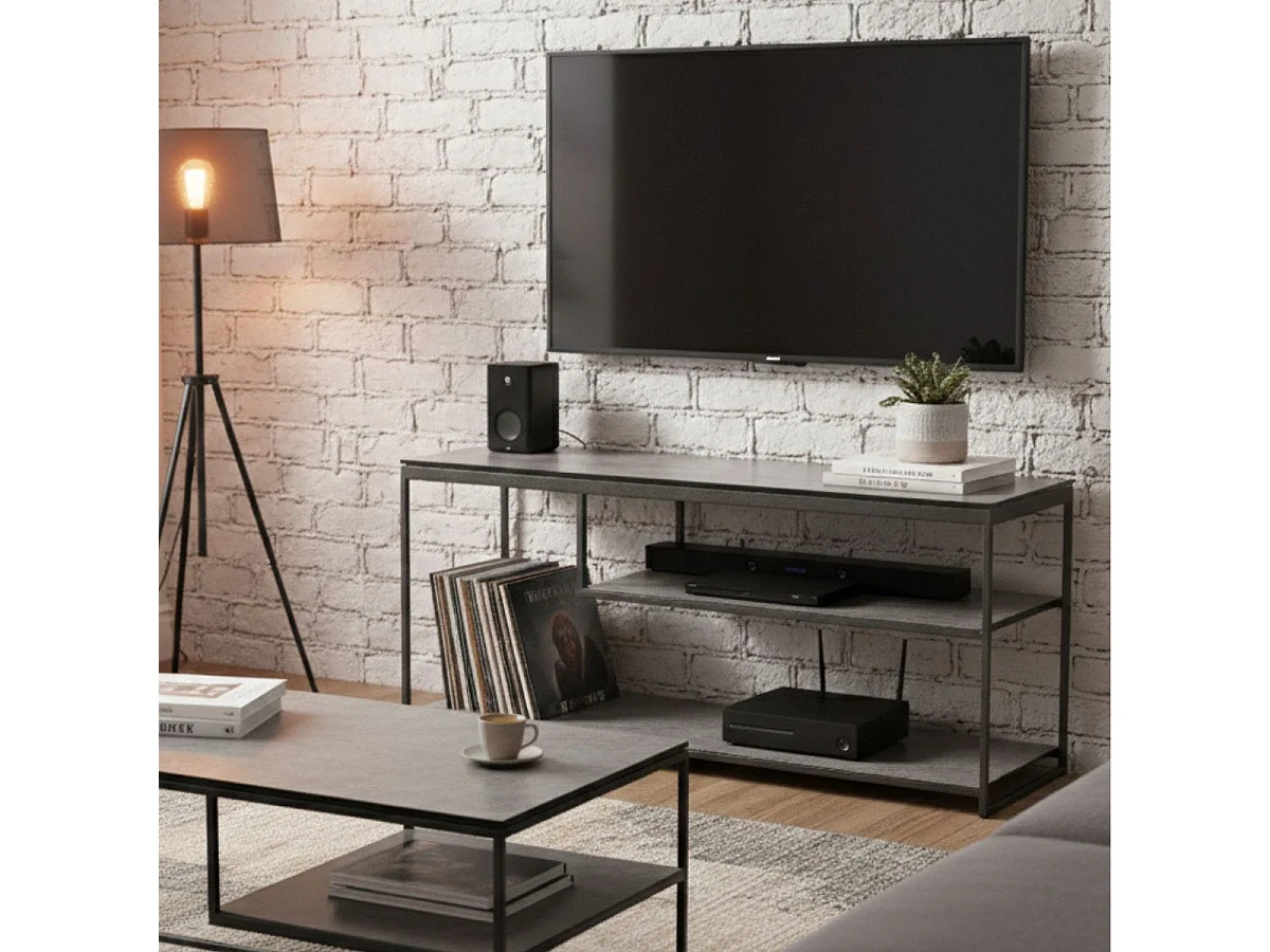 Meuble TV en acier laqué anthracite avec plateaux en verre finition aspect céramique - STRATE