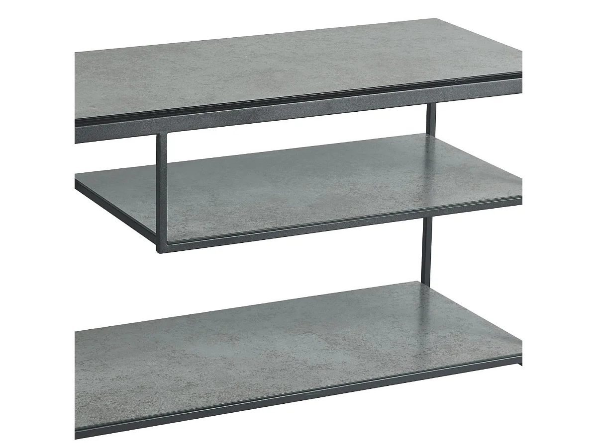 Meuble TV en acier laqué anthracite avec plateaux en verre finition aspect céramique - STRATE