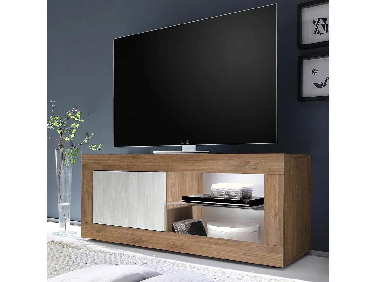 Meuble TV 1 portes 2 niches aspect bois finition Mercure façades blanc texturées avec Leds - OTELLO