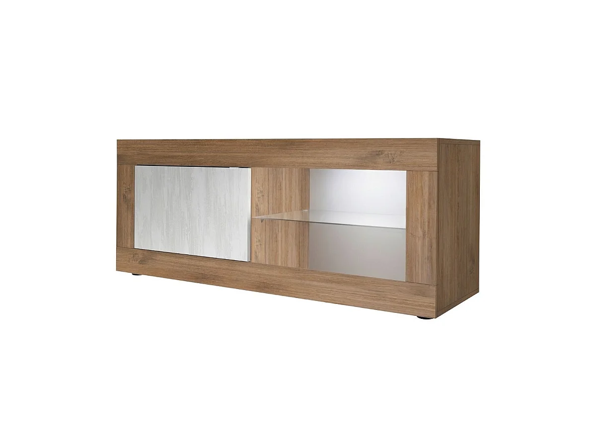 Meuble TV 1 portes 2 niches aspect bois finition Mercure façades blanc texturées avec Leds - OTELLO
