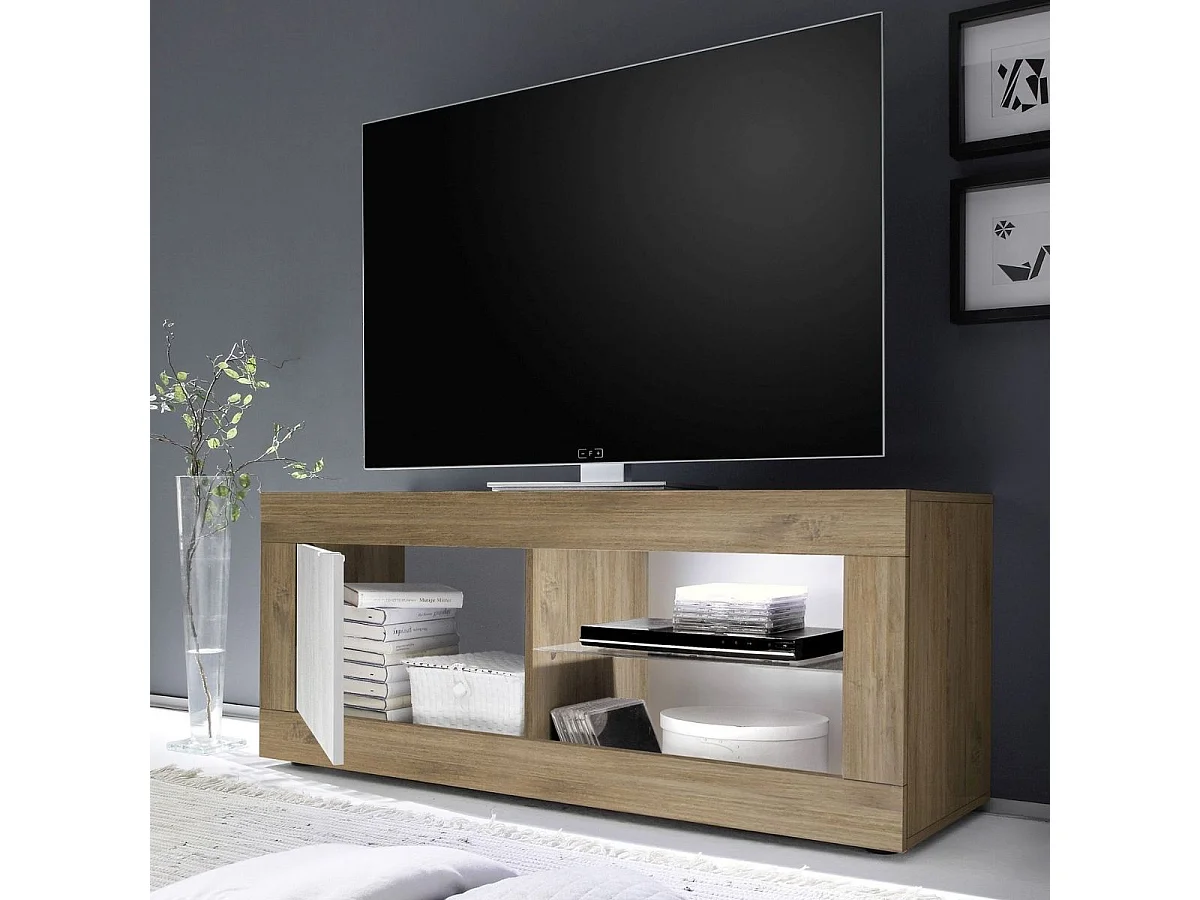 Meuble TV 1 portes 2 niches aspect bois finition Mercure façades blanc texturées avec Leds - OTELLO