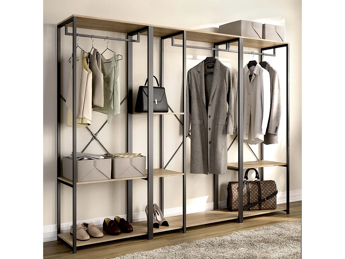 Armario vestidor con 5 estantes trok y natural y negro y madera para dormitorio armario de almacenaje gran capacidad  - Homekit