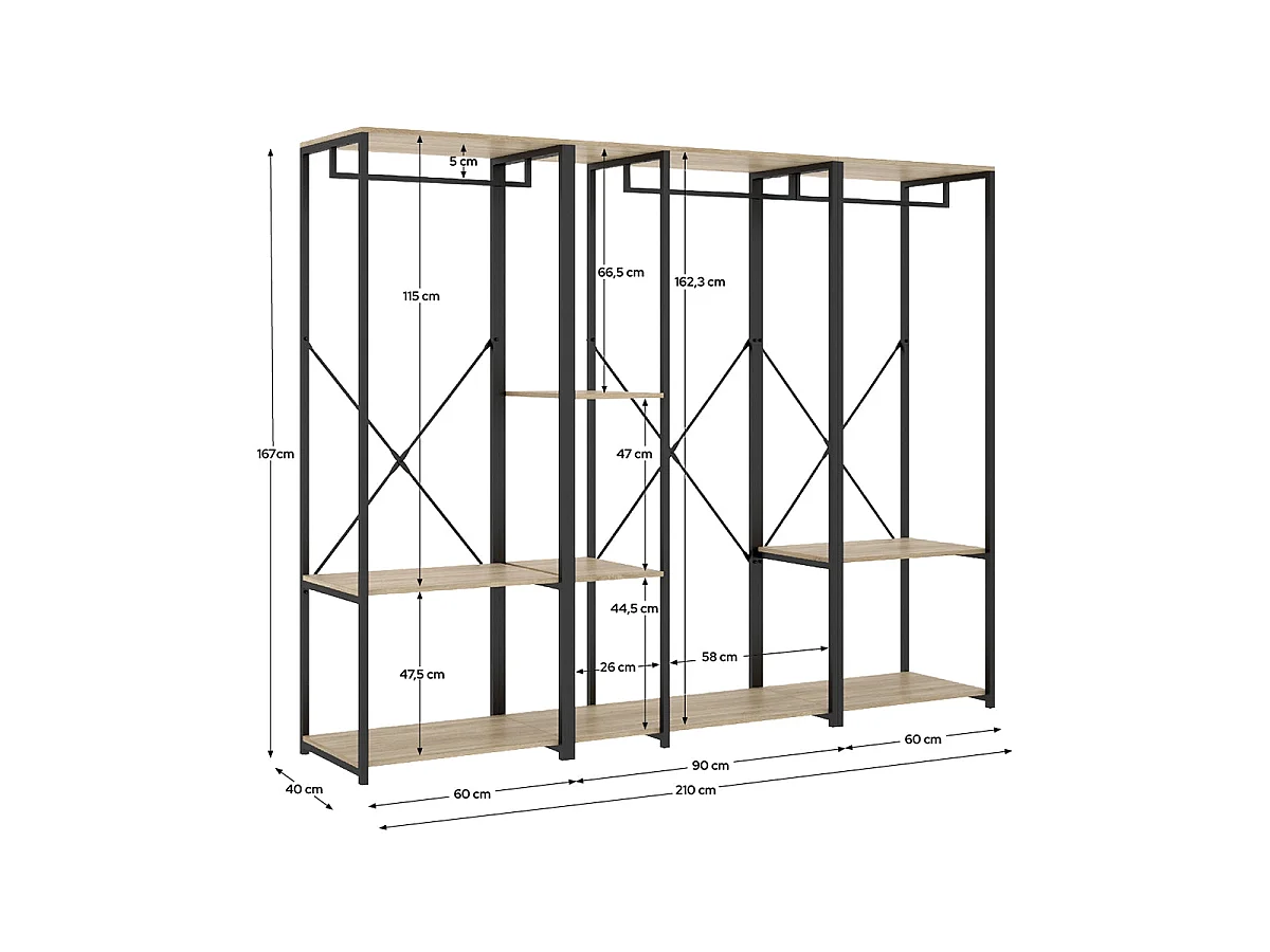 Armario vestidor con 5 estantes trok y natural y negro y madera para dormitorio armario de almacenaje gran capacidad  - Homekit