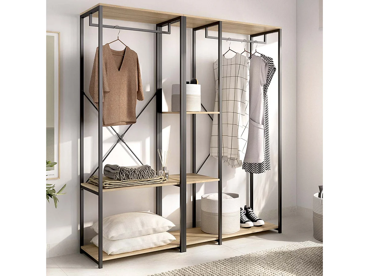 Armario vestidor con barra y 3 estantes trok y natural y negro y madera para dormitorio armario de almacenaje gran capacidad  - Homekit