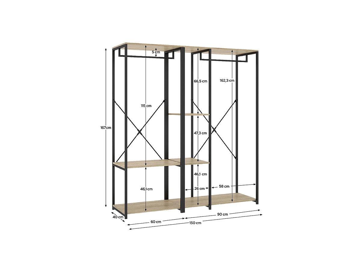 Armario vestidor con barra y 3 estantes trok y natural y negro y madera para dormitorio armario de almacenaje gran capacidad  - Homekit