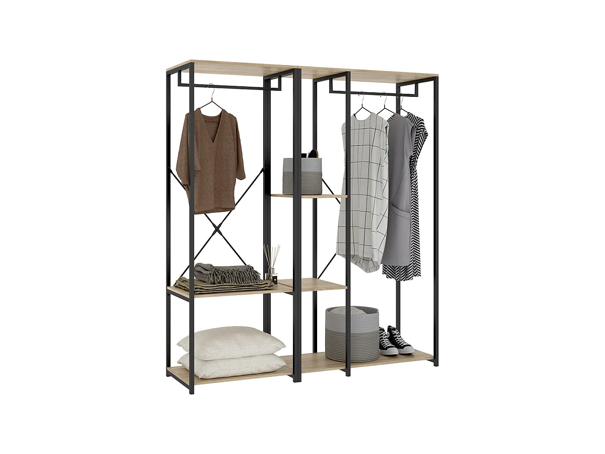 Armario vestidor con barra y 3 estantes trok y natural y negro y madera para dormitorio armario de almacenaje gran capacidad  - Homekit