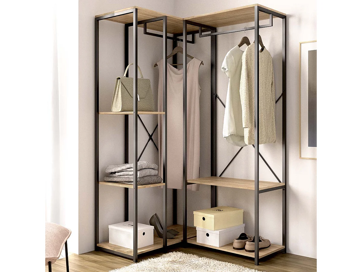 Armario vestidor rinconero con estantes trok y natural y negro y madera para dormitorio armario de almacenaje gran capacidad  - Homekit