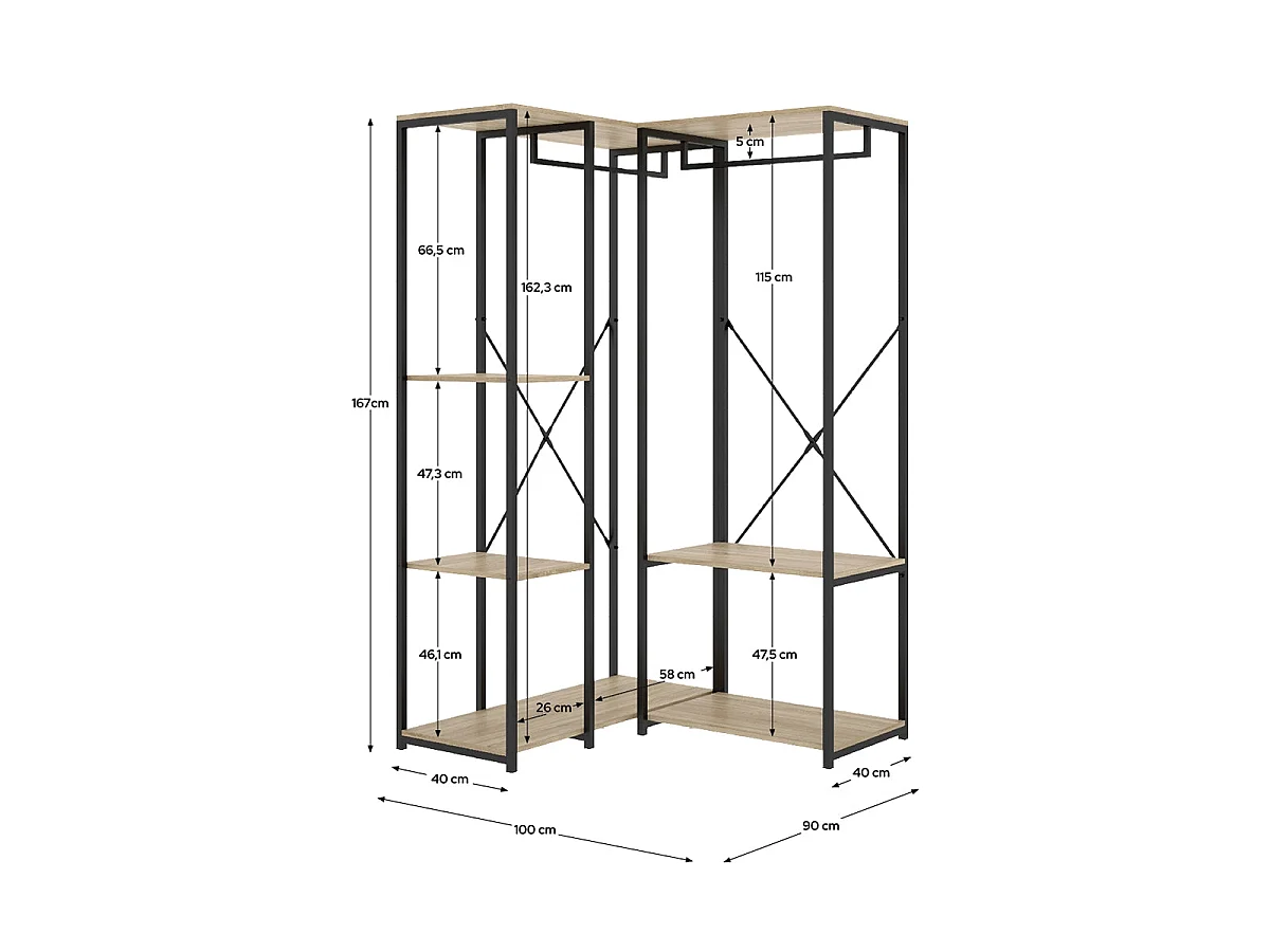 Armario vestidor rinconero con estantes trok y natural y negro y madera para dormitorio armario de almacenaje gran capacidad  - Homekit