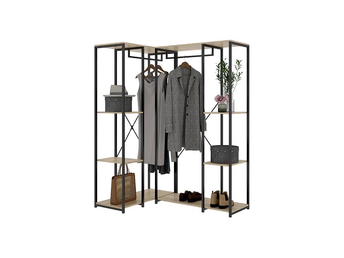 Armario vestidor rinconero con 4 estantes trok y natural y negro y madera para dormitorio armario de almacenaje gran capacidad  - Homekit