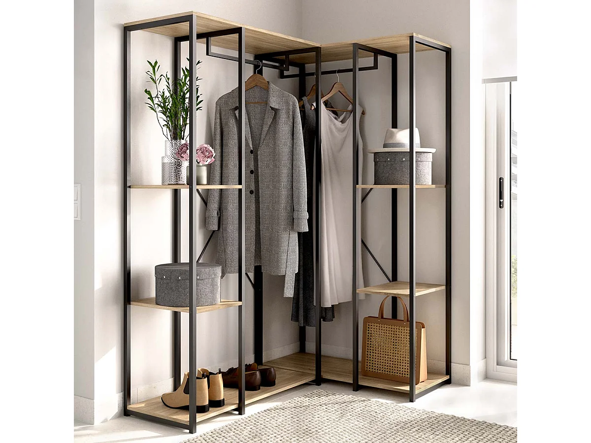 Armario vestidor rinconero con 4 estantes trok y natural y negro y madera para dormitorio armario de almacenaje gran capacidad  - Homekit