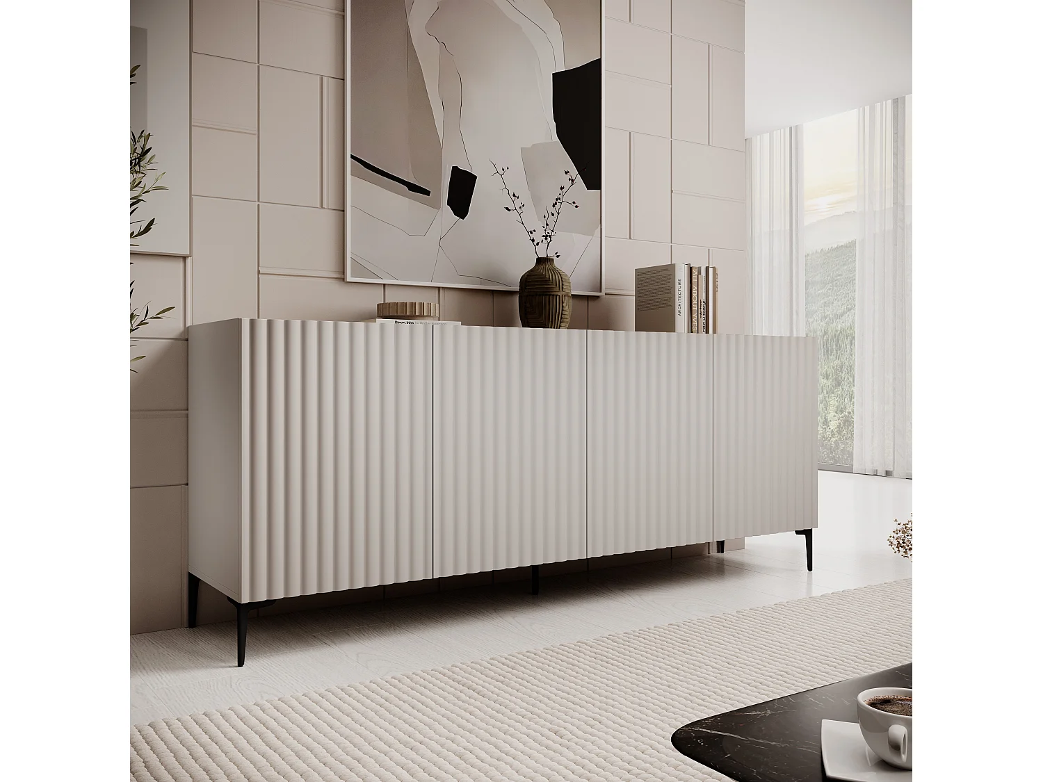 Aparador Nora de 4 puertas Beige / Madera Natural Mueble Buffet de Salón Gran Capacidad  - Homekit