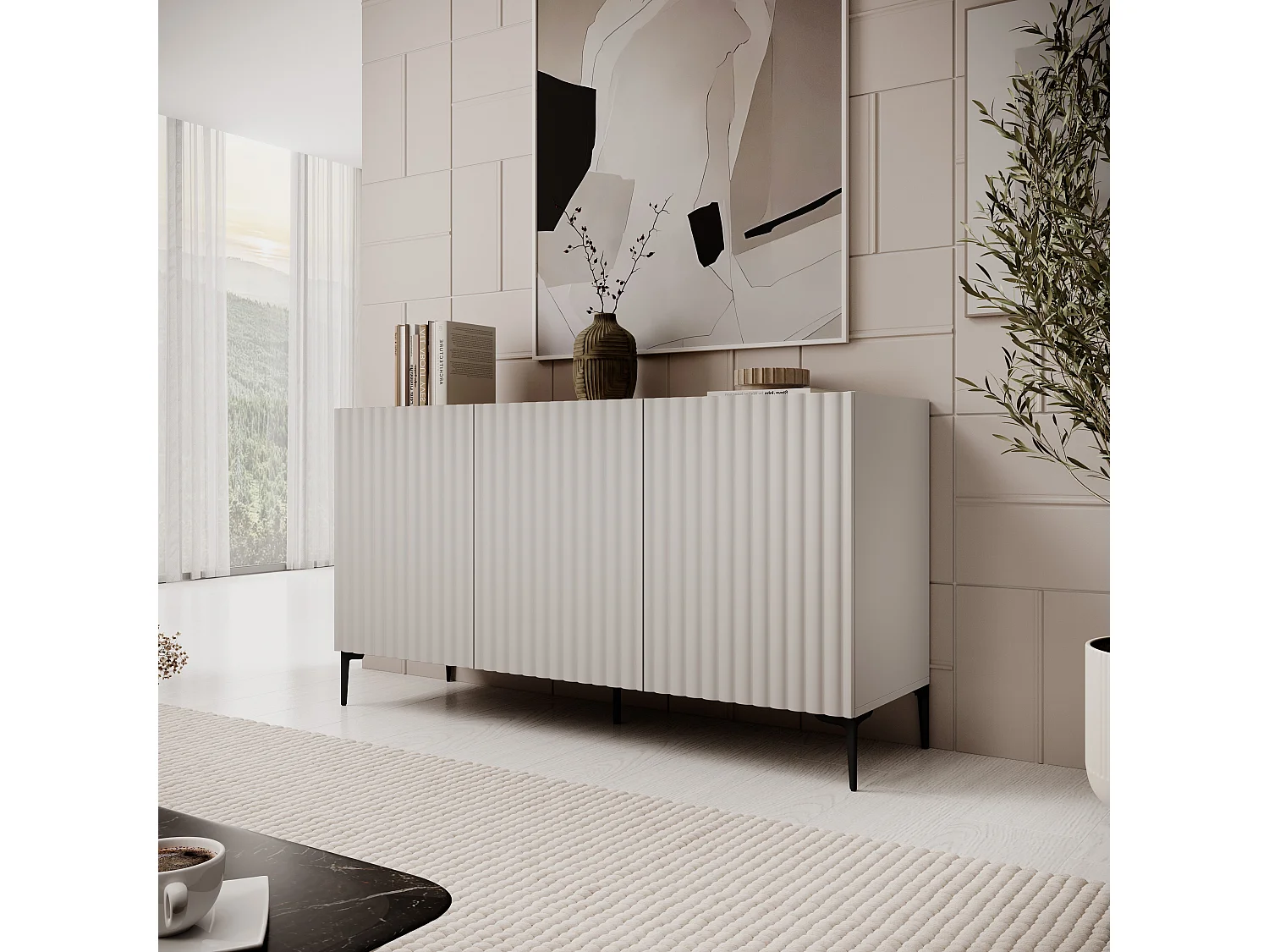 Aparador Nora de 3 puertas Beige / Madera Natural Mueble de Salón Estilo Nórdico Almacenaje  - Homekit