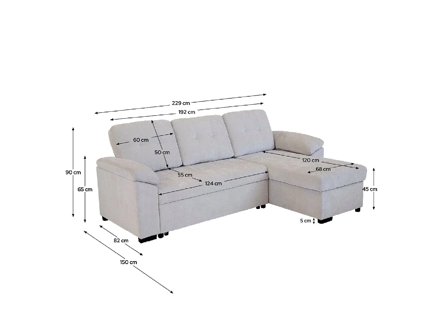 Sofá cama con chaise longue reversible y almacenaje Alexis - Color Beige - Homekit