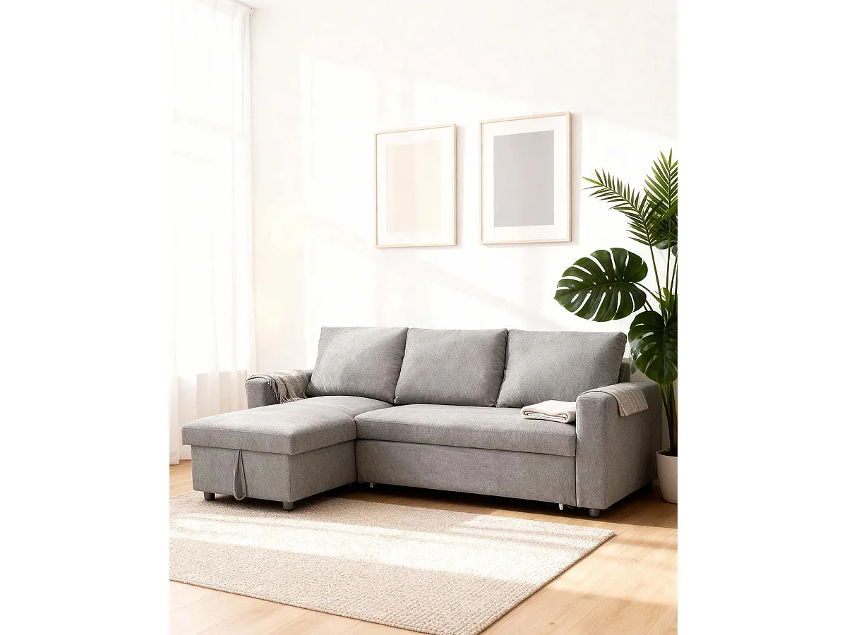 Sofá cama con chaise longue y almacenaje ivy  gris para hogar moderno mueble de almacenaje  - Homekit