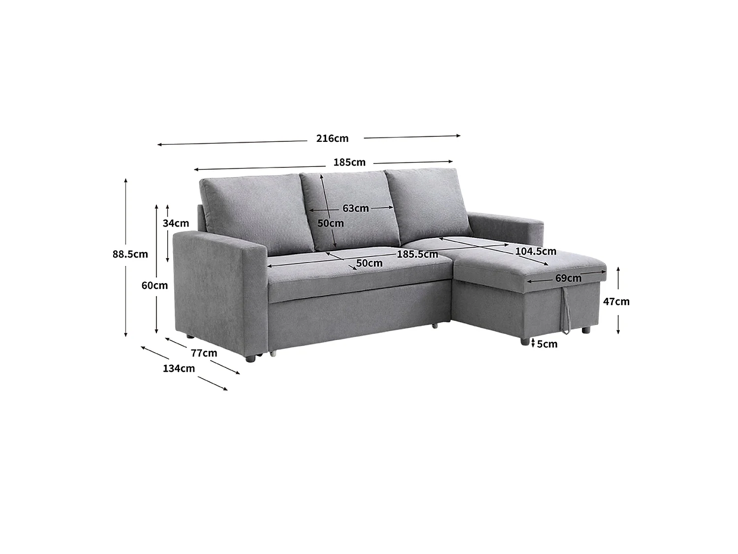 Sofá cama con chaise longue y almacenaje ivy  gris para hogar moderno mueble de almacenaje  - Homekit