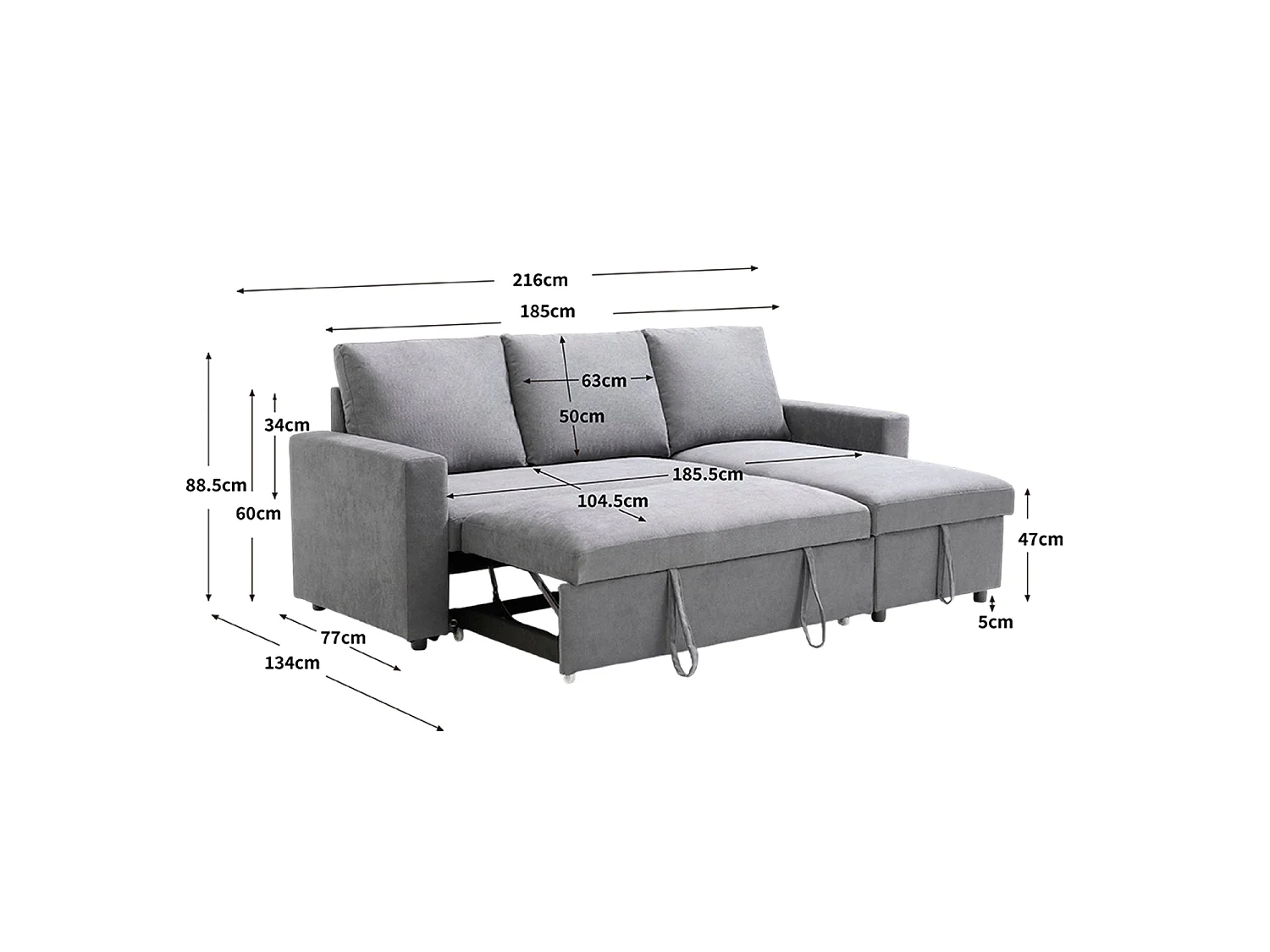 Sofá cama con chaise longue y almacenaje ivy  gris para hogar moderno mueble de almacenaje  - Homekit