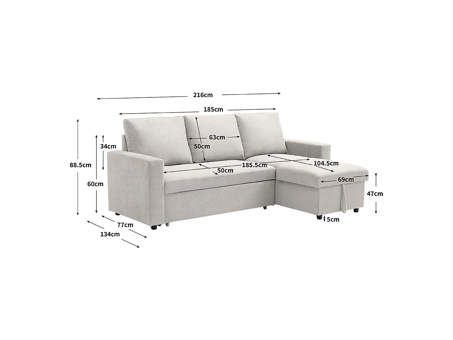 Sofá cama con chaise longue y almacenaje ivy  beige para hogar moderno mueble de almacenaje  - Homekit