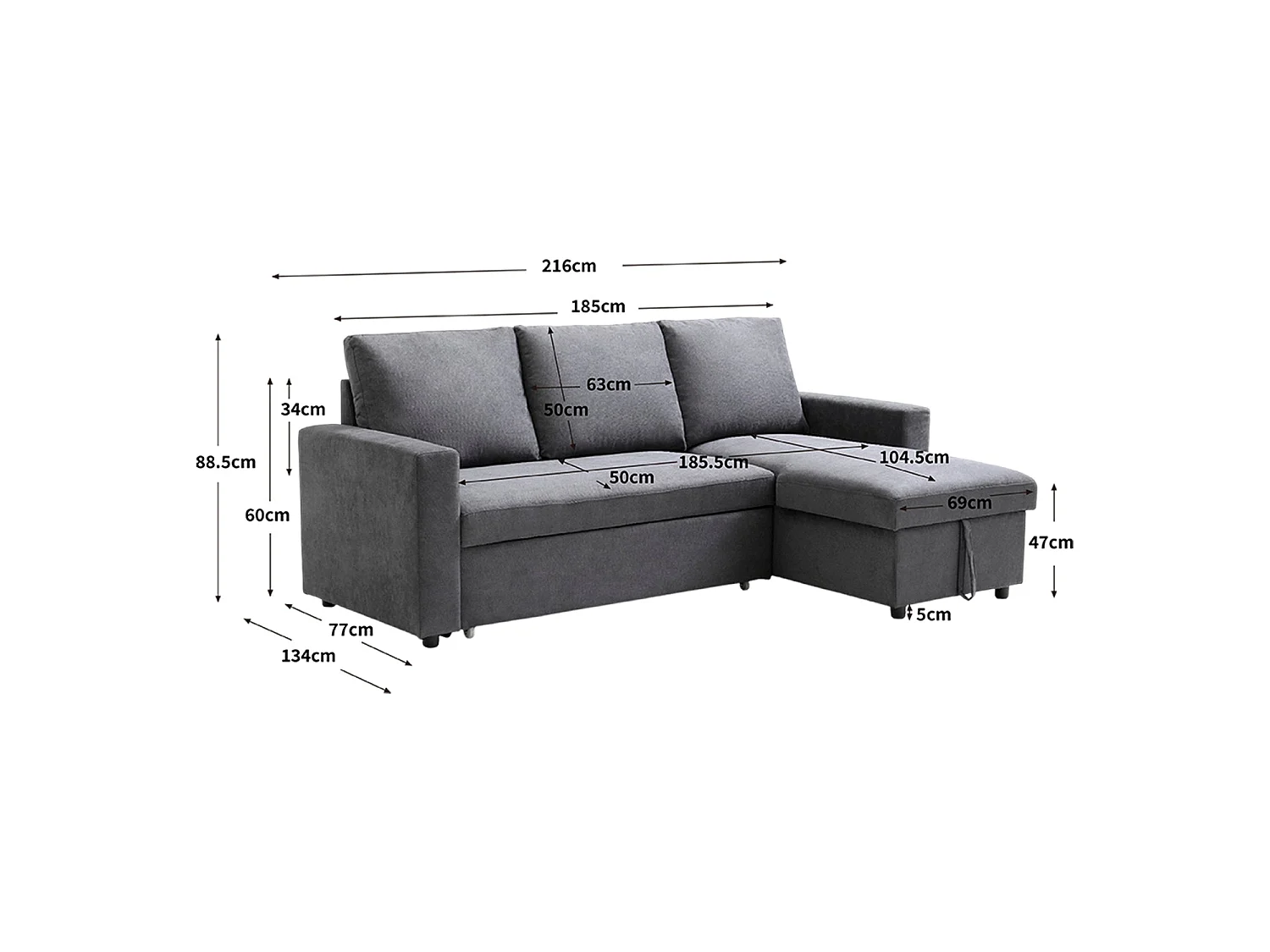 Sofá cama con chaiselongue y almacenaje Ivy Gris oscuro - Homekit