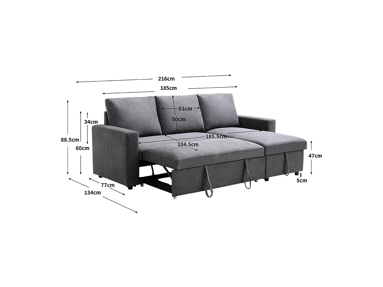 Sofá cama con chaiselongue y almacenaje Ivy Gris oscuro - Homekit