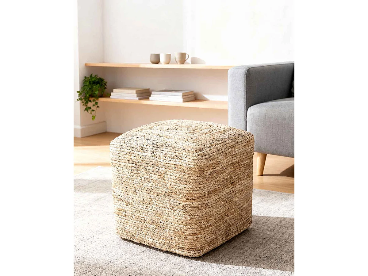 Puff en rattan suzzette natural y beige para hogar moderno mueble de almacenaje  - Homekit