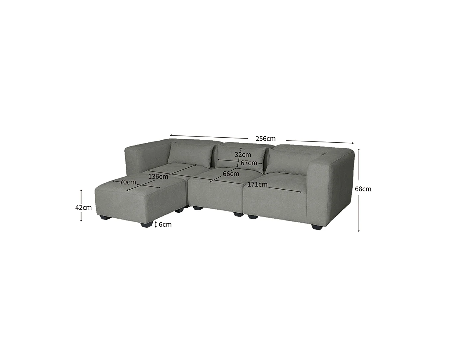 Sofá modular tres plazas liza con reposapiés verdoso  gris para hogar moderno mueble de almacenaje  - Homekit