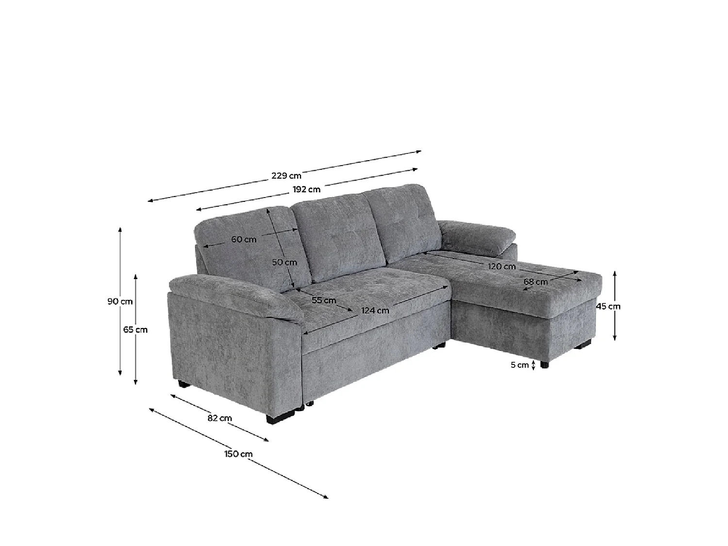 Sofá cama con chaise longue reversible y almacenaje Alexis - Color Gris - Homekit