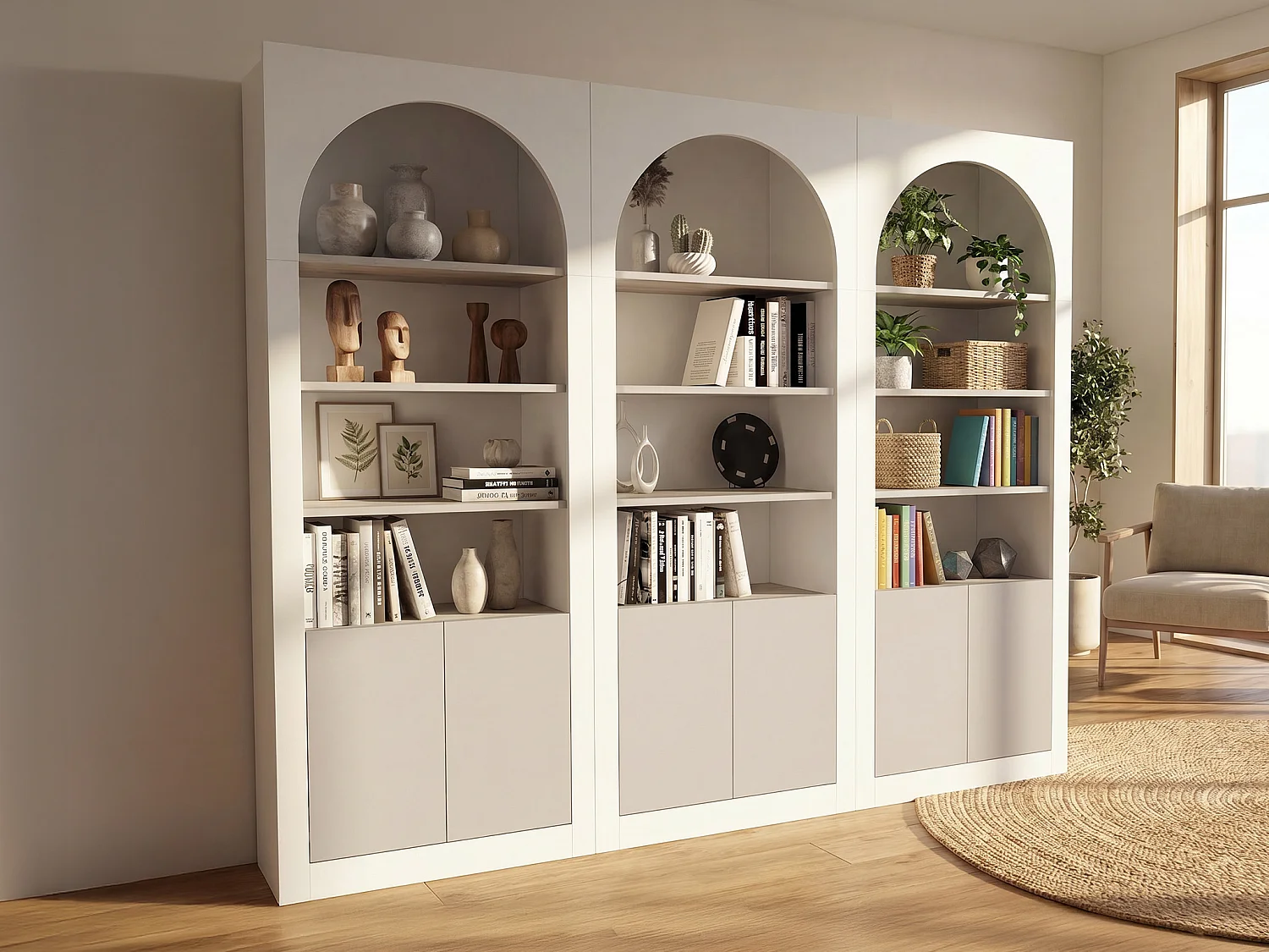 Lot de 3 bibliothèques avec 4 niches et 2 portes - Blanc et Beige - CYMORA