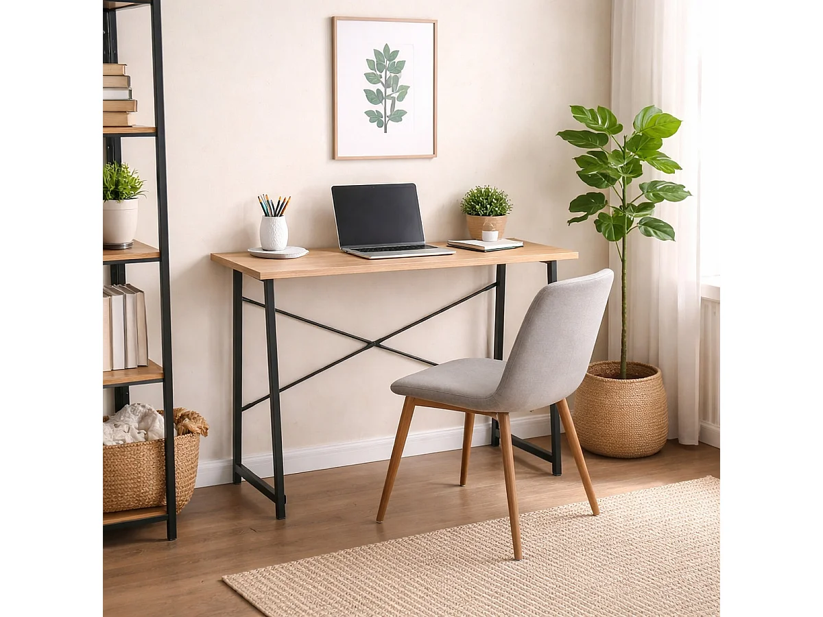 Bureau pliable, Table d'ordinateur avec structure métallique coloris chêne naturel / Noir - Longueur 100 x Profondeur 46 x Hauteur 76 cm