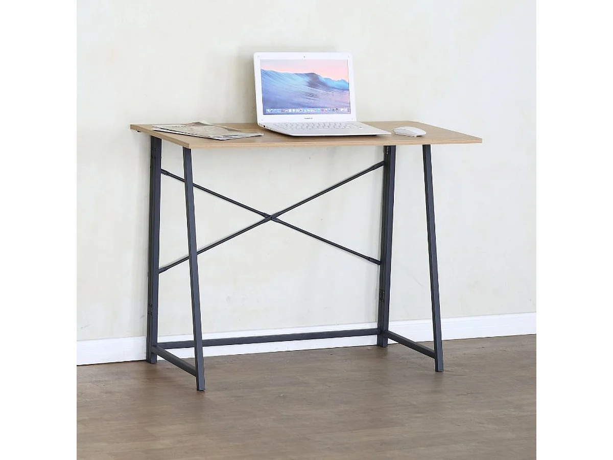 Bureau pliable, Table d'ordinateur avec structure métallique coloris chêne naturel / Noir - Longueur 100 x Profondeur 46 x Hauteur 76 cm