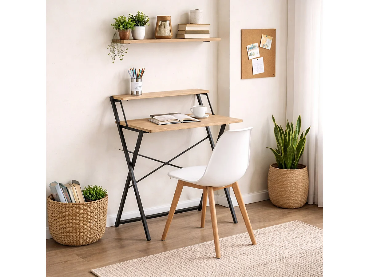 Bureau pliable compact avec étagère supérieure coloris Chêne clair et structure en métal Noir - Longueur 64 x Profondeur 52 x Hauteur 87,5 cm