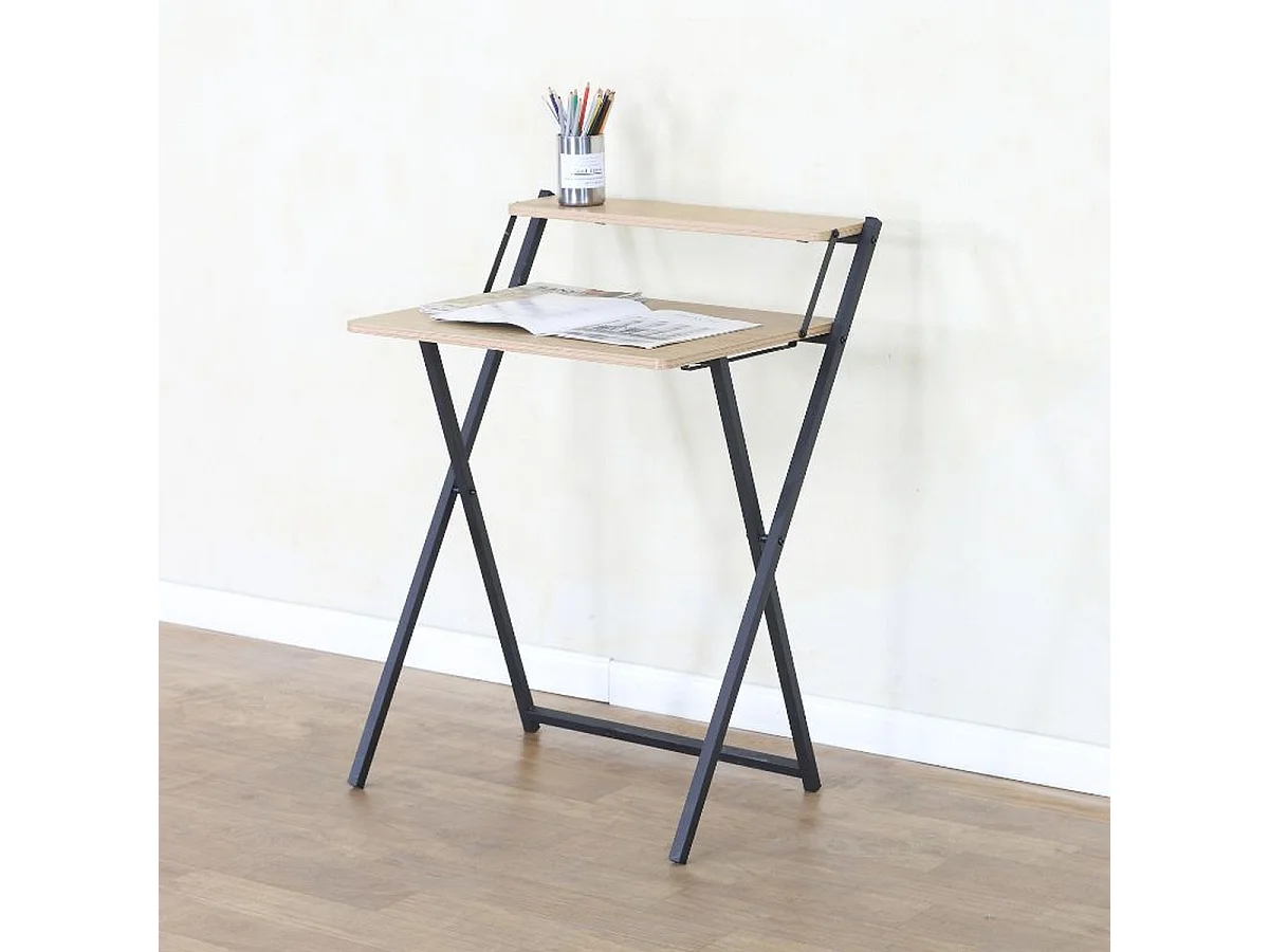 Bureau pliable compact avec étagère supérieure coloris Chêne clair et structure en métal Noir - Longueur 64 x Profondeur 52 x Hauteur 87,5 cm