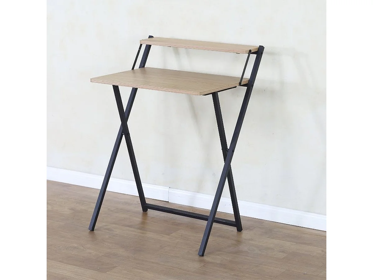 Bureau pliable compact avec étagère supérieure coloris Chêne clair et structure en métal Noir - Longueur 64 x Profondeur 52 x Hauteur 87,5 cm
