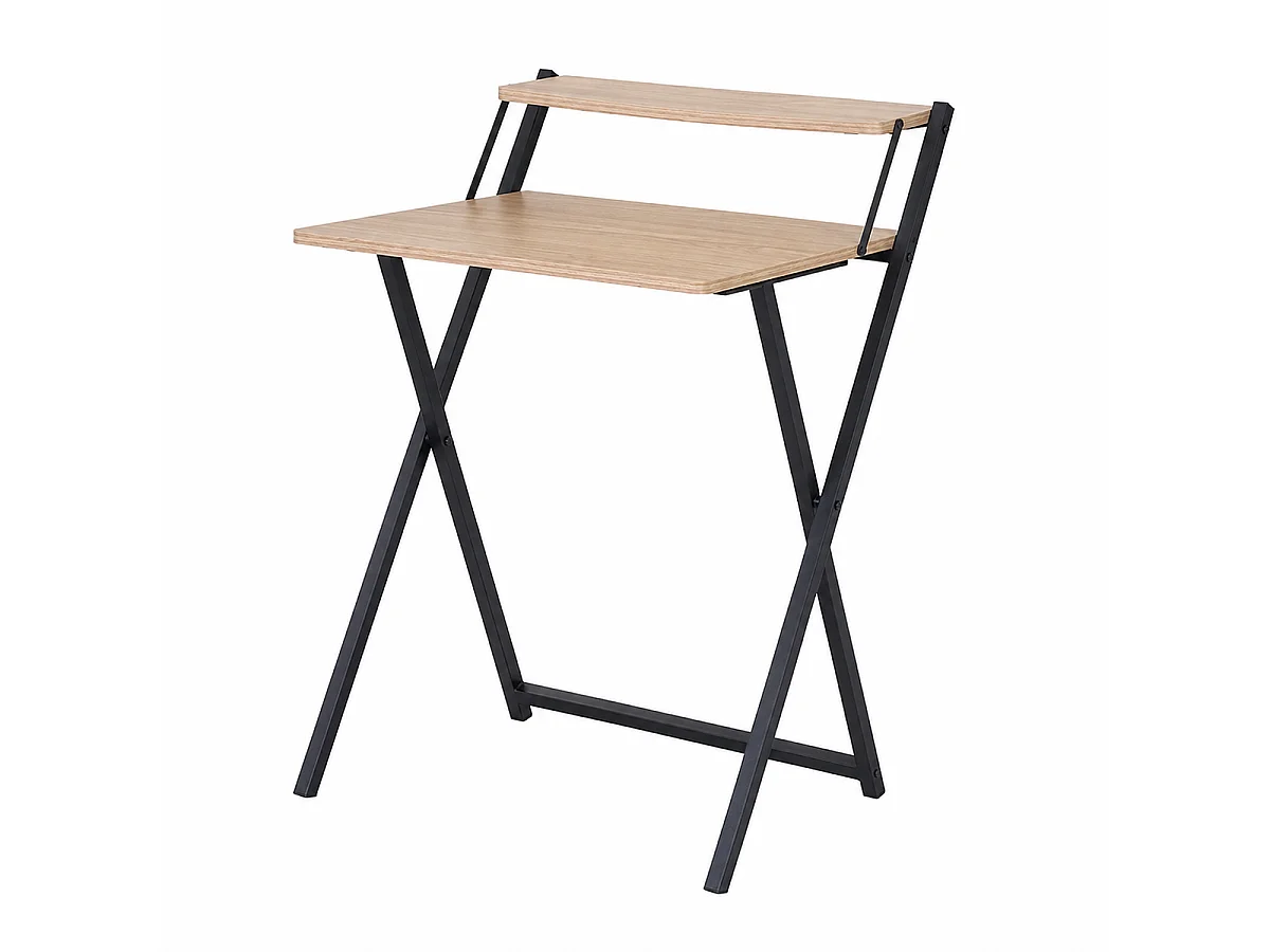 Bureau pliable compact avec étagère supérieure coloris Chêne clair et structure en métal Noir - Longueur 64 x Profondeur 52 x Hauteur 87,5 cm