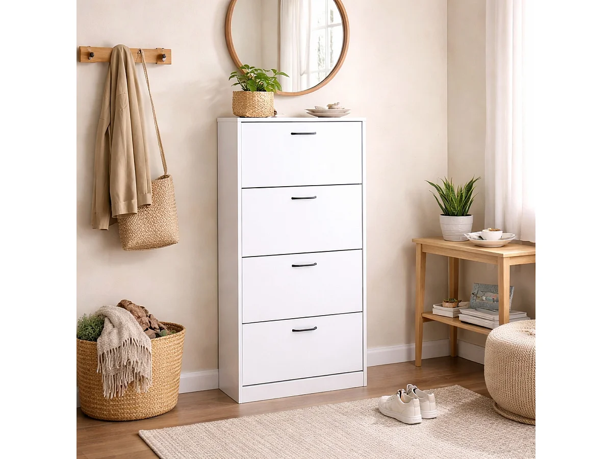 Meuble à chaussures à 4 compartiments rabattables coloris blanc - Longueur 60 x Profondeur 24 x Hauteur 151,2 cm