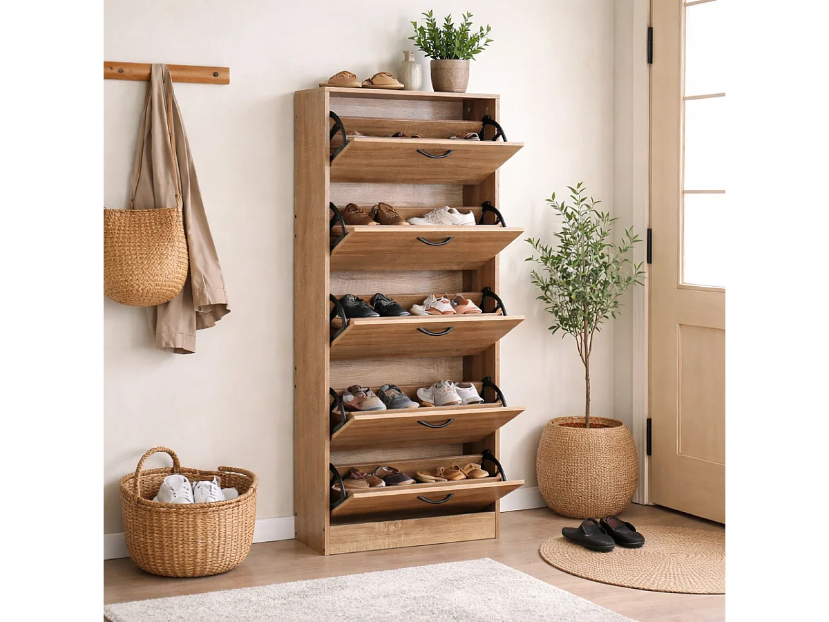 Meuble à chaussures à 4 compartiments rabattables coloris Chêne - Longueur 60 x Profondeur 24 x Hauteur 151,2 cm