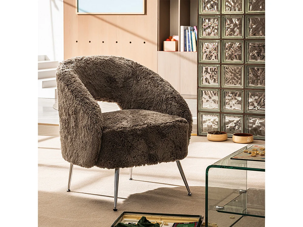 Verno - Fauteuil imitation fourrure pieds chrome - Taupe