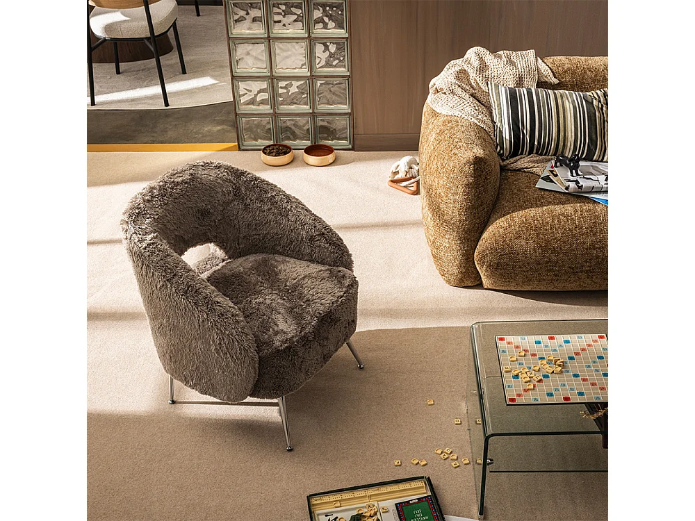 Verno - Fauteuil imitation fourrure pieds chrome - Taupe