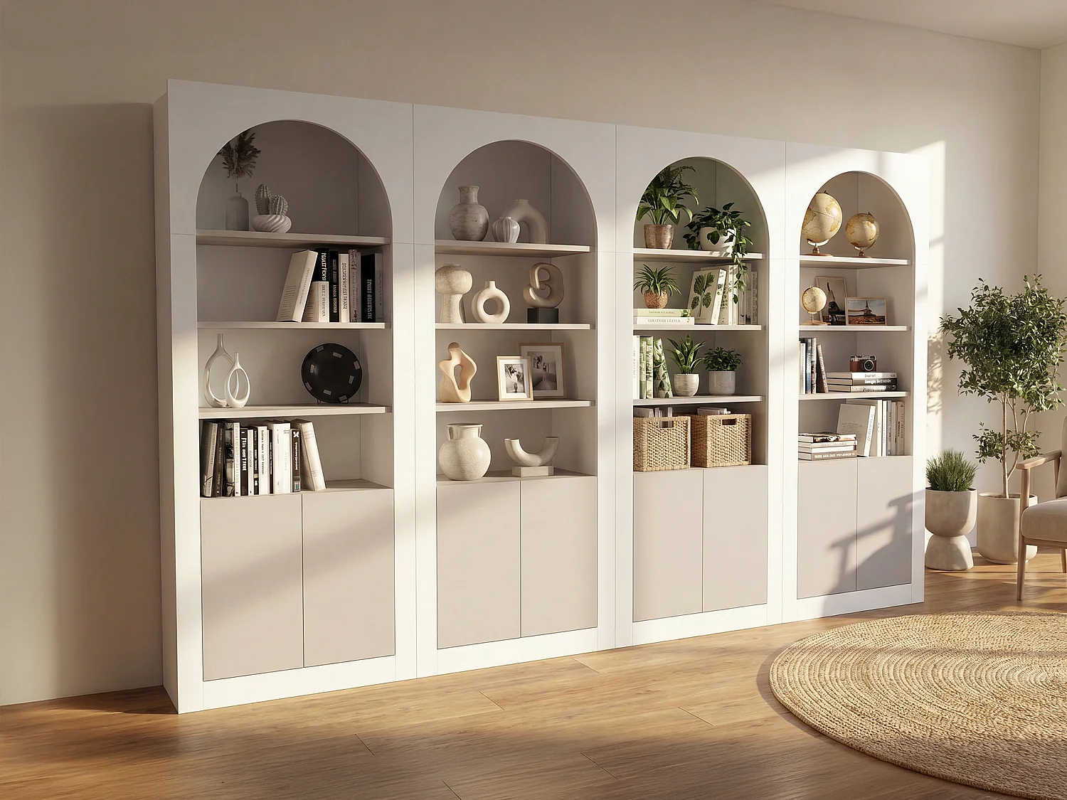 Lot de 4 bibliothèques avec 4 niches et 2 portes - Blanc et Beige - CYMORA