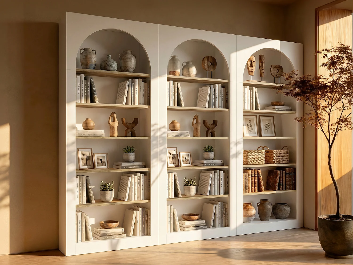 Lot de 3 bibliothèques avec 6 niches - Blanc et Naturel clair - CYMORA