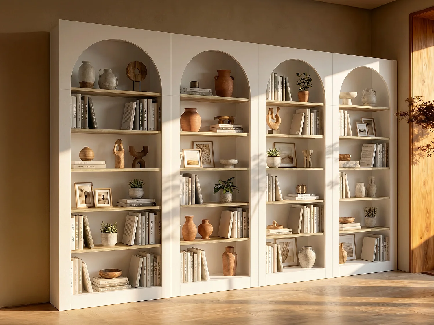 Lot de 4 bibliothèques avec 6 niches - Blanc et Naturel clair - CYMORA