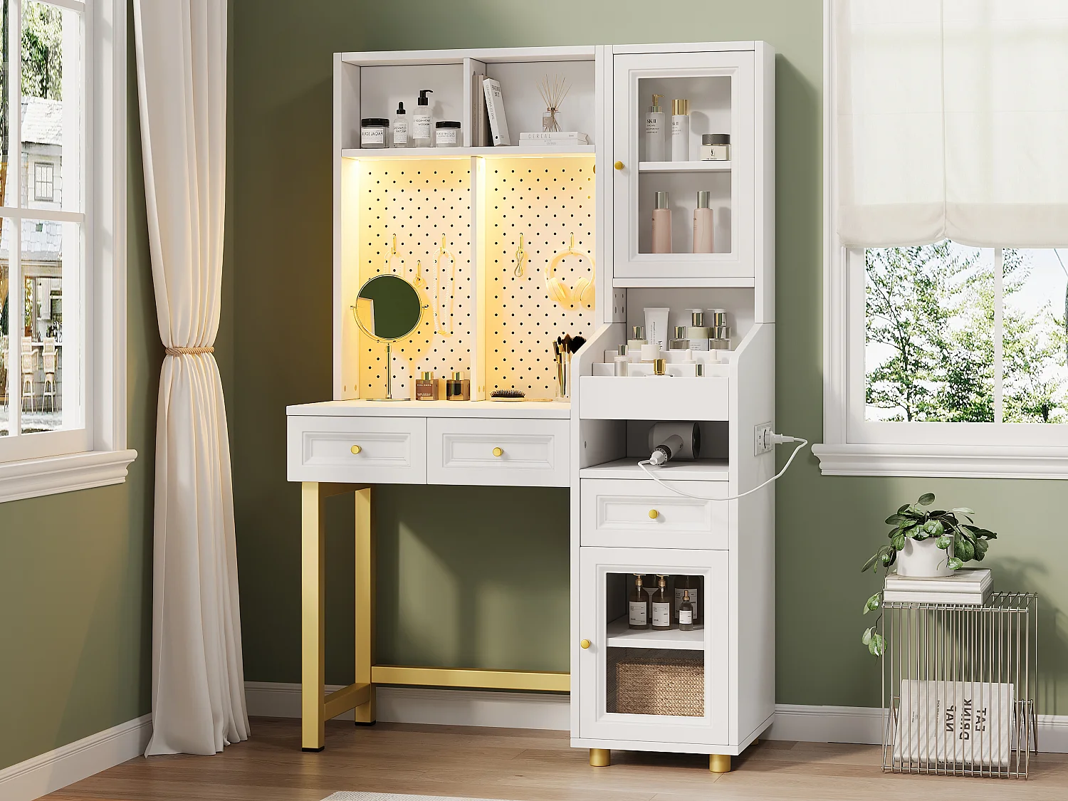 Sminkbord 100x45x156 cm - med LED - 2 eluttag, USB- och Type-C-portar - med 3 lådor och 2 dörrar - perforerad panel för förvaring (5 krokar) - vit