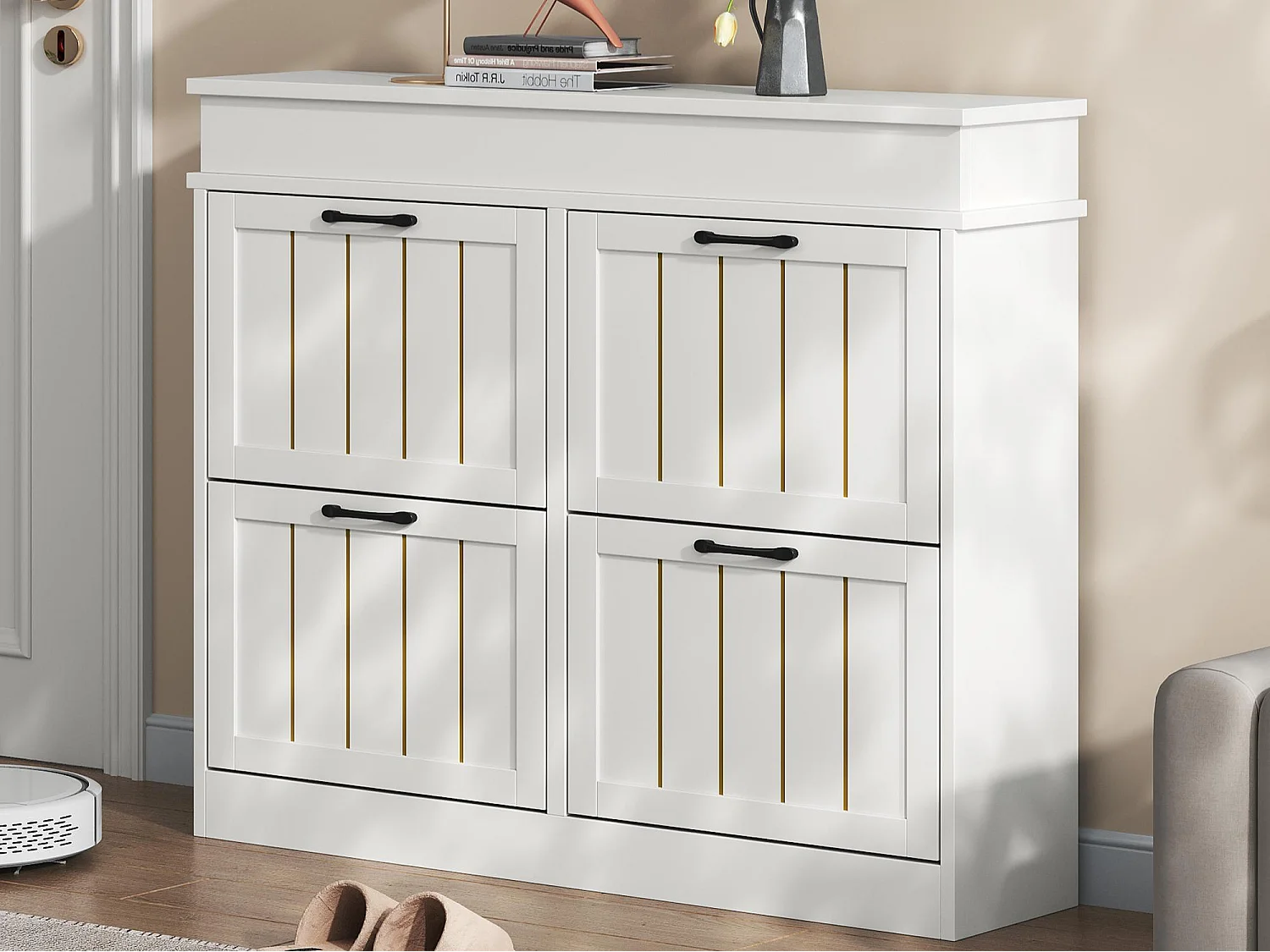 Modern Shoe Cabinet 120x24x90 cm - 4 Rattan Doors - 8 Shelves, 2 Hooks - MDF - white Color