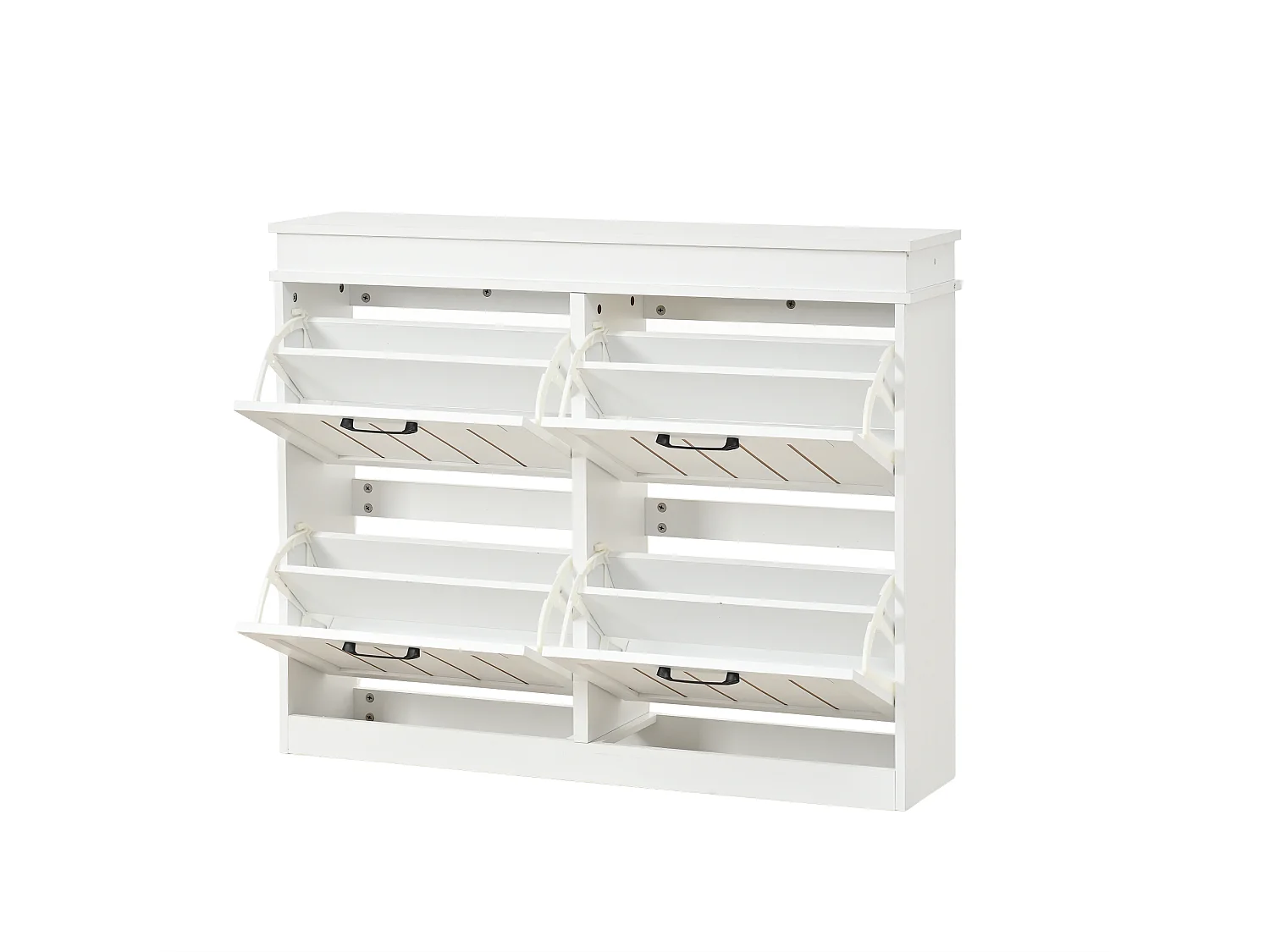 Modern Shoe Cabinet 120x24x90 cm - 4 Rattan Doors - 8 Shelves, 2 Hooks - MDF - white Color