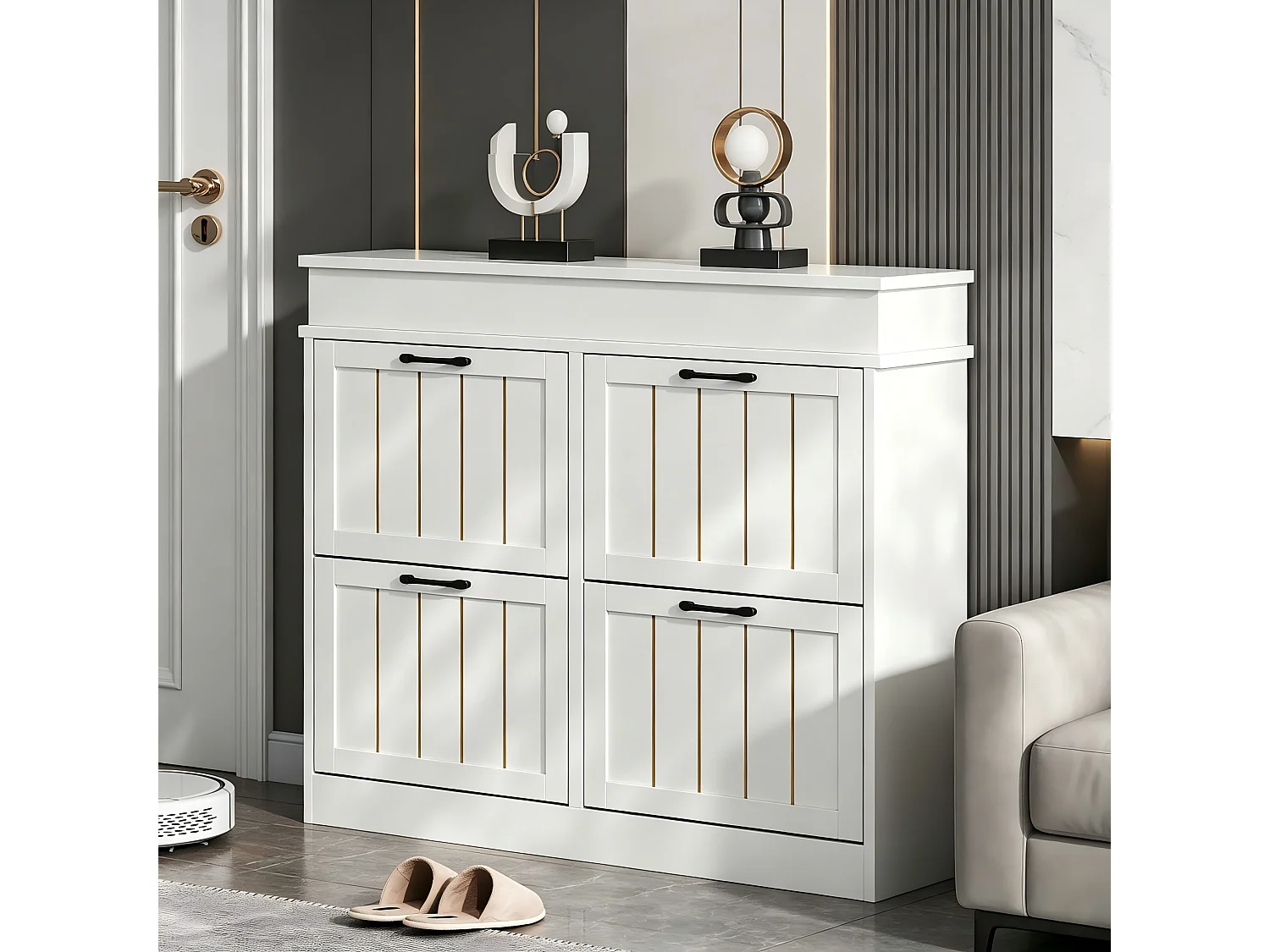 Modern Shoe Cabinet 120x24x90 cm - 4 Rattan Doors - 8 Shelves, 2 Hooks - MDF - white Color