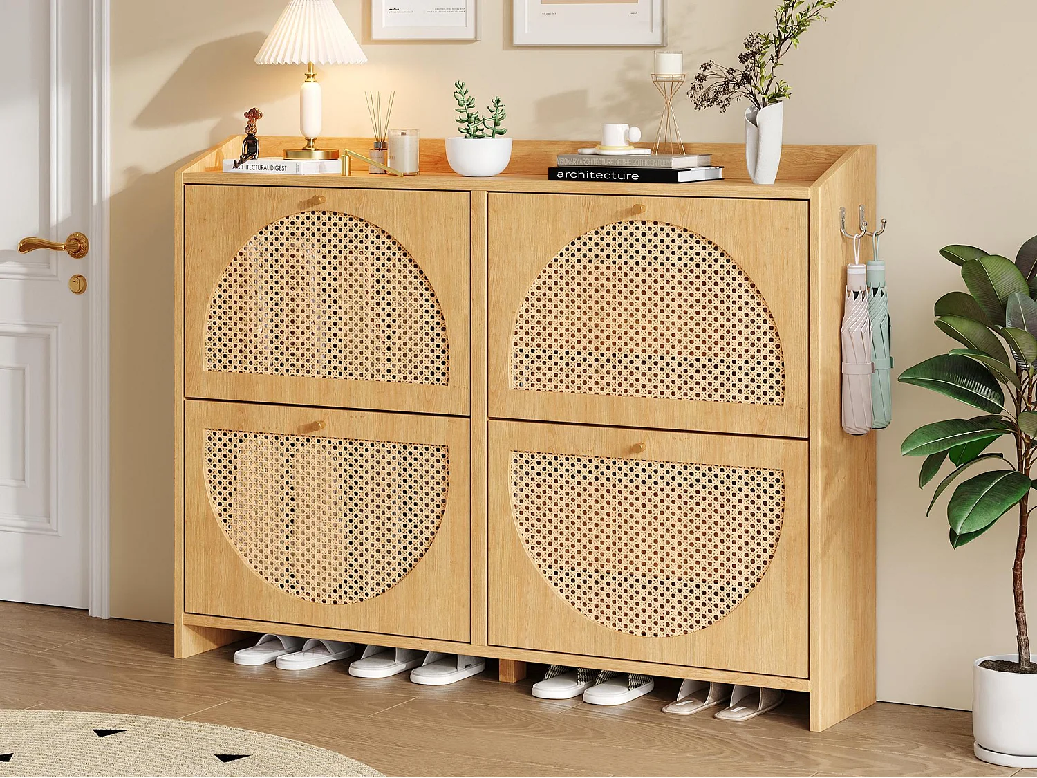 Sapateira moderna 120x24x90 cm - 4 portas em rattan - 8 prateleiras, 2 ganchos - MDF - cor natural