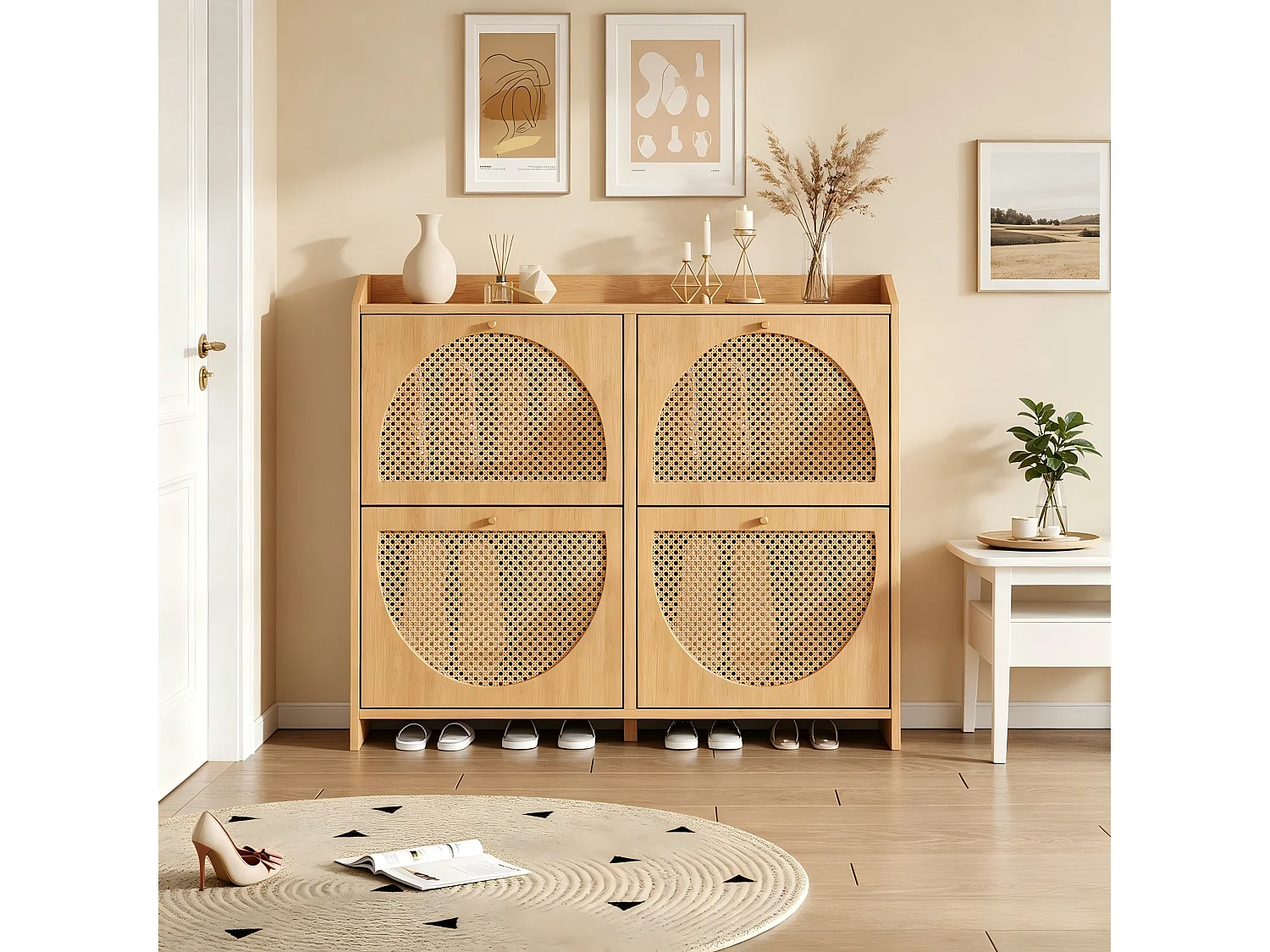 Sapateira moderna 120x24x90 cm - 4 portas em rattan - 8 prateleiras, 2 ganchos - MDF - cor natural