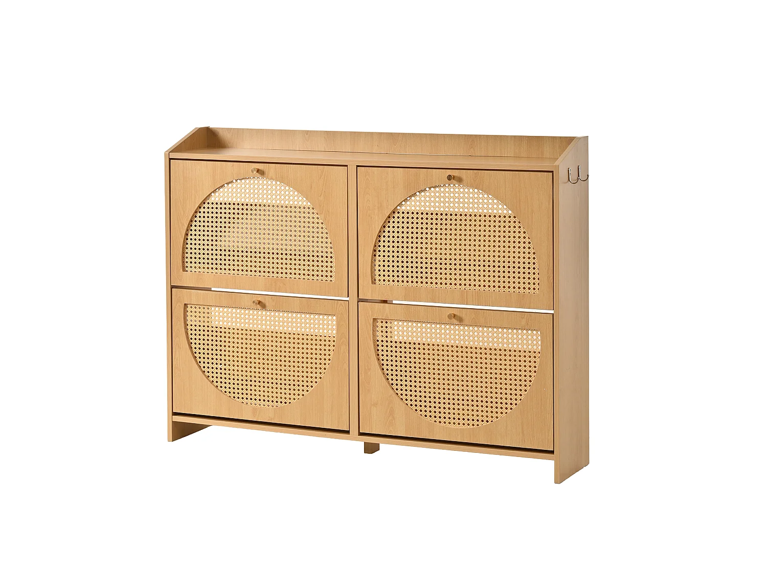 Sapateira moderna 120x24x90 cm - 4 portas em rattan - 8 prateleiras, 2 ganchos - MDF - cor natural