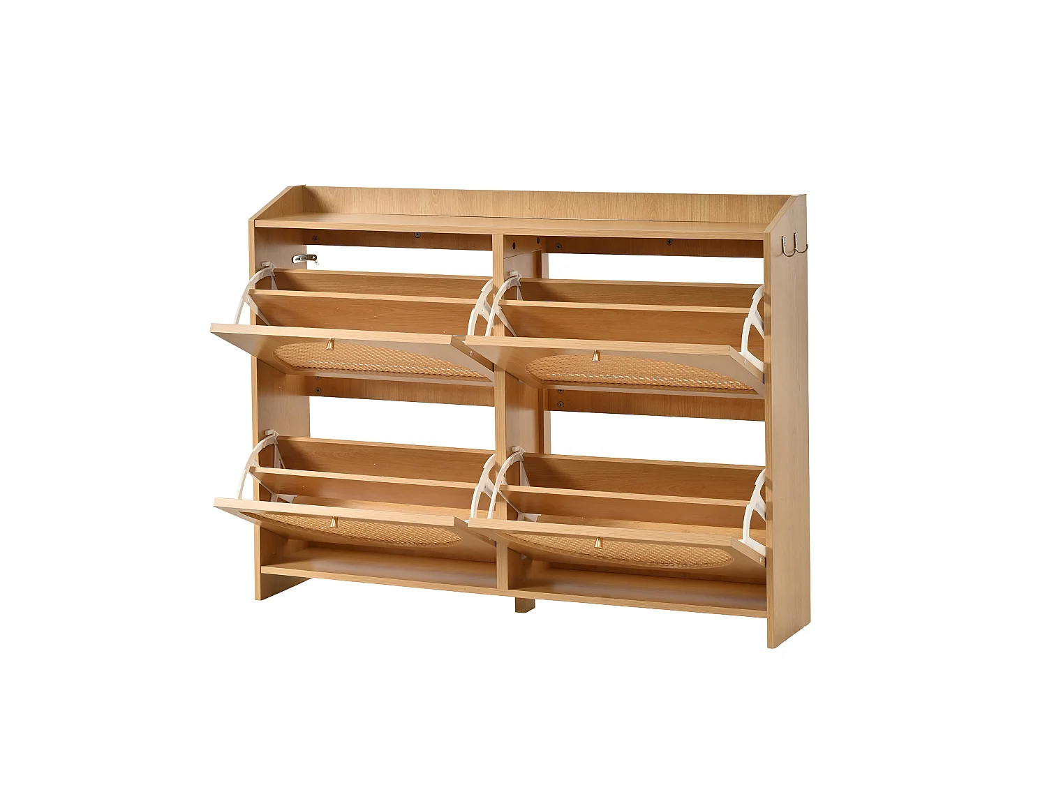 Sapateira moderna 120x24x90 cm - 4 portas em rattan - 8 prateleiras, 2 ganchos - MDF - cor natural