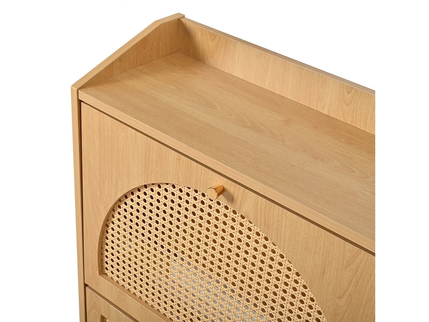 Sapateira moderna 120x24x90 cm - 4 portas em rattan - 8 prateleiras, 2 ganchos - MDF - cor natural